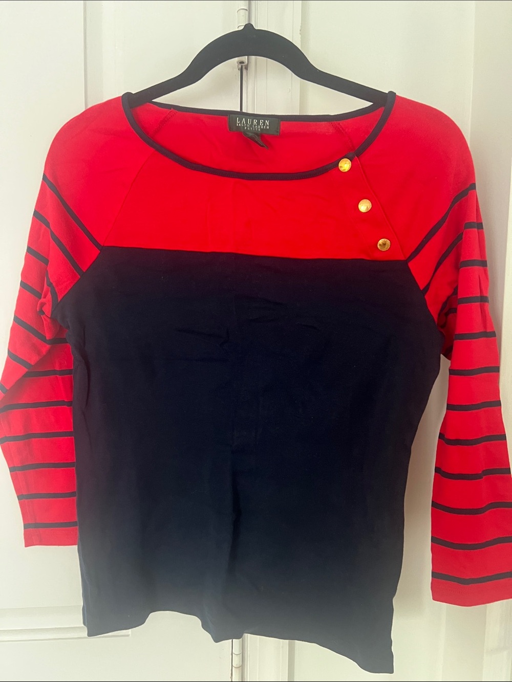 Lauren Ralph Lauren Red and Black Striped Long Sleeve Top with Gold Buttons